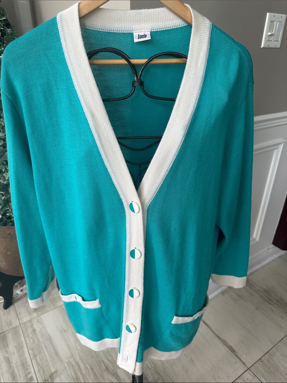 Teal and White V-Neck Button Sweater Cardigan made in Germany